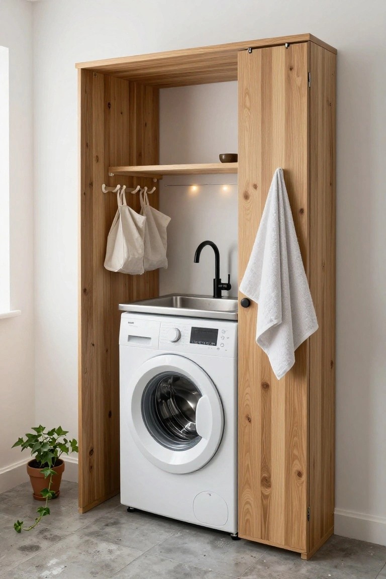 Tall oak wooden cabinet with open doors enclosing a white front-loading washing machine and stainless steel utility sink, featuring upper shelves, hooks with hanging cloth bags and towels, black faucet, and a potted ivy plant on a gray tiled floor in a white interior.