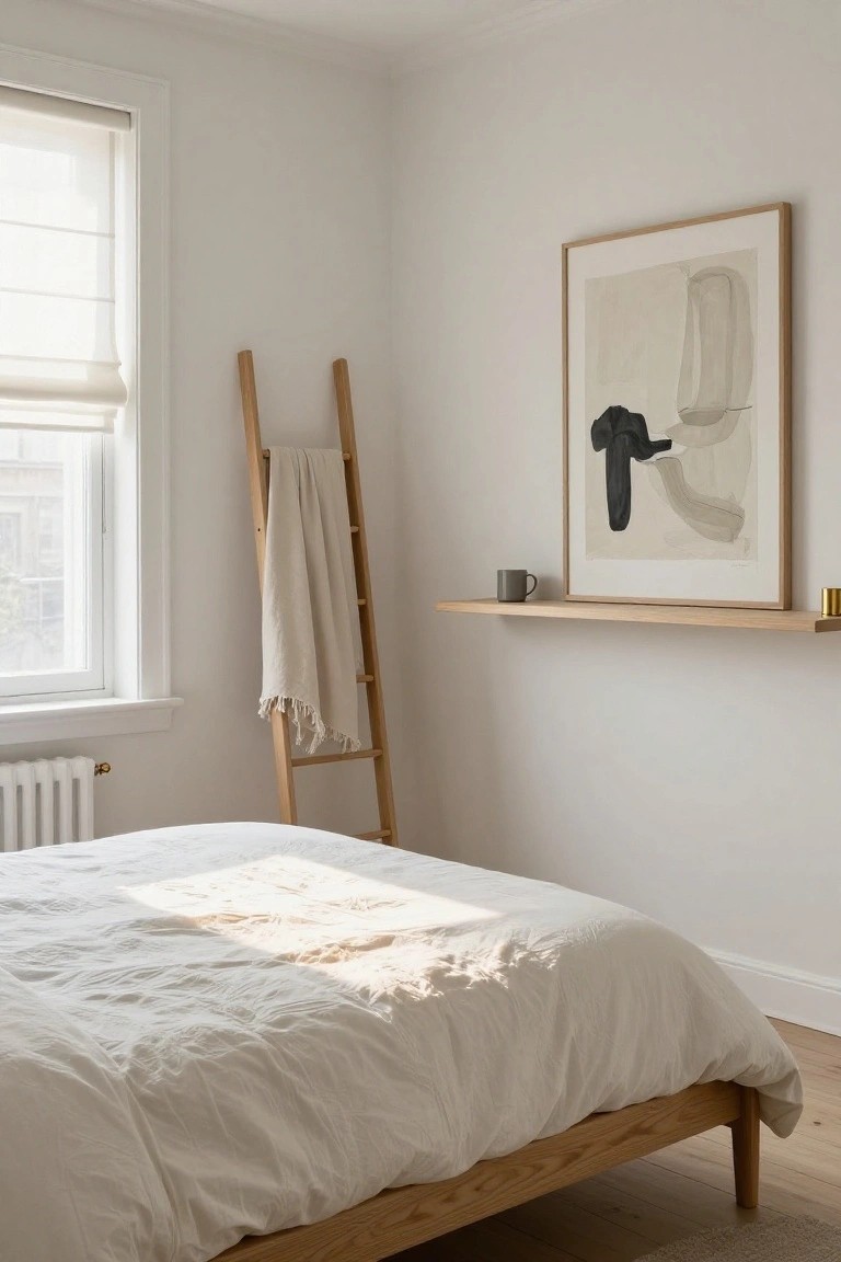 Minimal bedroom with wooden bed, ladder, abstract art, and sunlight.