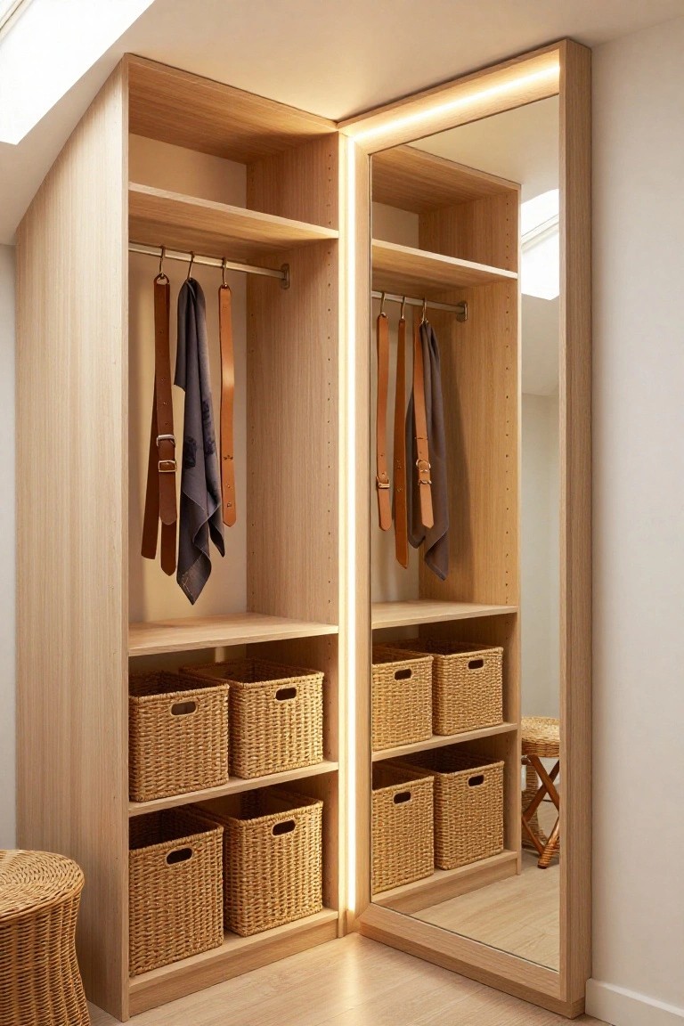 Light oak wood walk-in closet with open shelves holding wicker baskets, hanging rods with belts and ties, and an adjacent full-length mirror edged in LED lighting under a skylight.