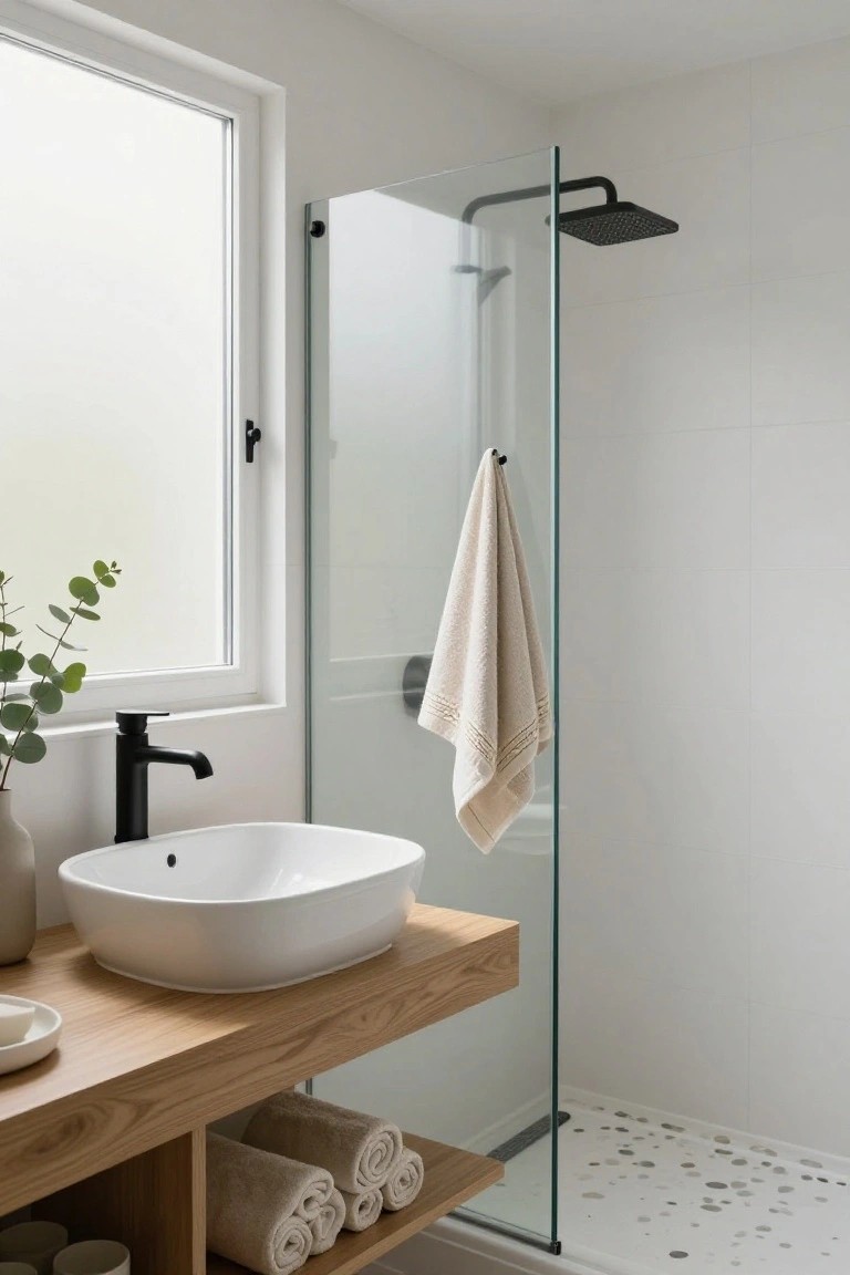 White bathroom with floating oak vanity holding white vessel sink and black faucet, open shelves below with rolled beige towels, glass shower enclosure with black showerhead, and frosted window with potted eucalyptus.
