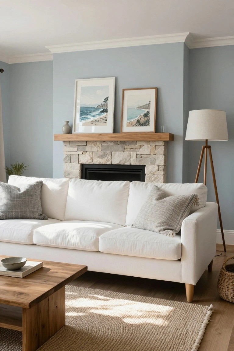 Light blue-walled living room with a stone fireplace on a wood mantel, white three-seater sofa with textured pillows, wooden coffee table, seagrass rug, tripod floor lamp, potted plant, woven basket, and framed coastal prints above the mantel.