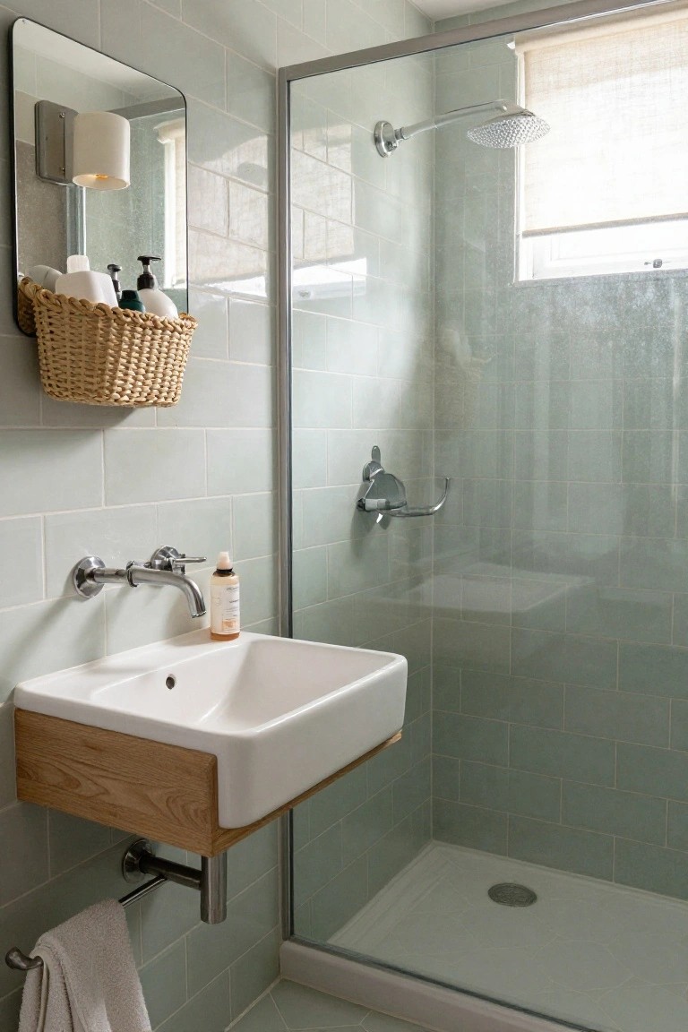 Compact bathroom with light green subway tiles on walls, white wall-mounted sink with wooden base, glass shower enclosure, woven basket on wall holding toiletries, and towel rail.