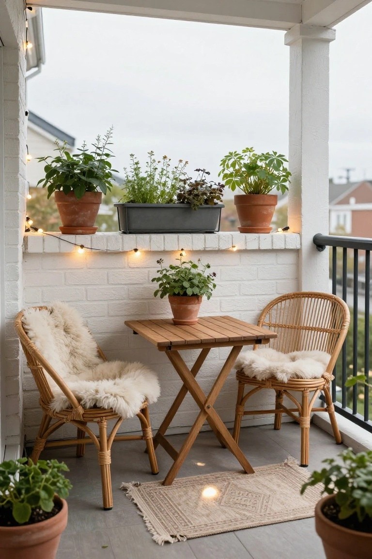 A compact balcony with white brick walls and black railing features two rattan chairs with sheepskin cushions at a small wooden table, surrounded by terracotta pots of herbs and plants, string lights, and a beige woven rug on gray flooring.