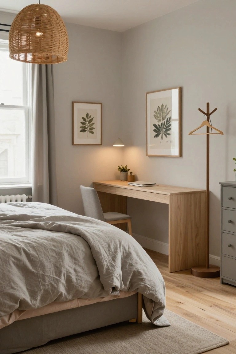 A cozy bedroom corner with a slim light oak desk and gray upholstered chair next to a bed draped in rumpled gray linens, neutral walls with botanical prints, a rattan pendant light overhead, and hardwood floors.