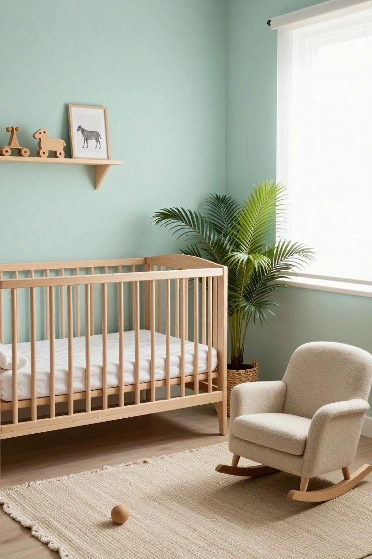 Mint green nursery room with wooden crib, beige rocking chair on a light rug, wooden toy shelf, potted palm plant, and sheer window covering.