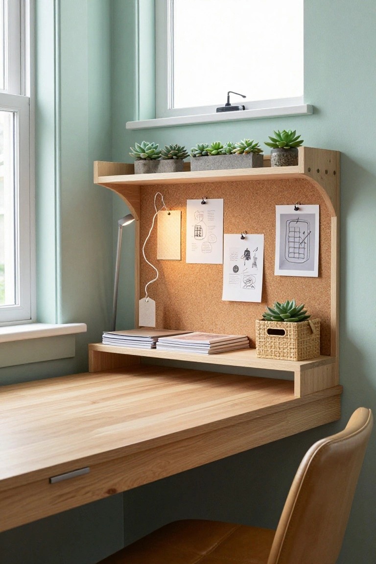 Wooden wall-mounted desk with integrated shelves holding plants and baskets, corkboard with pinned papers and drawings, desk lamp, stacked books, and tan chair in a mint green room with white window.