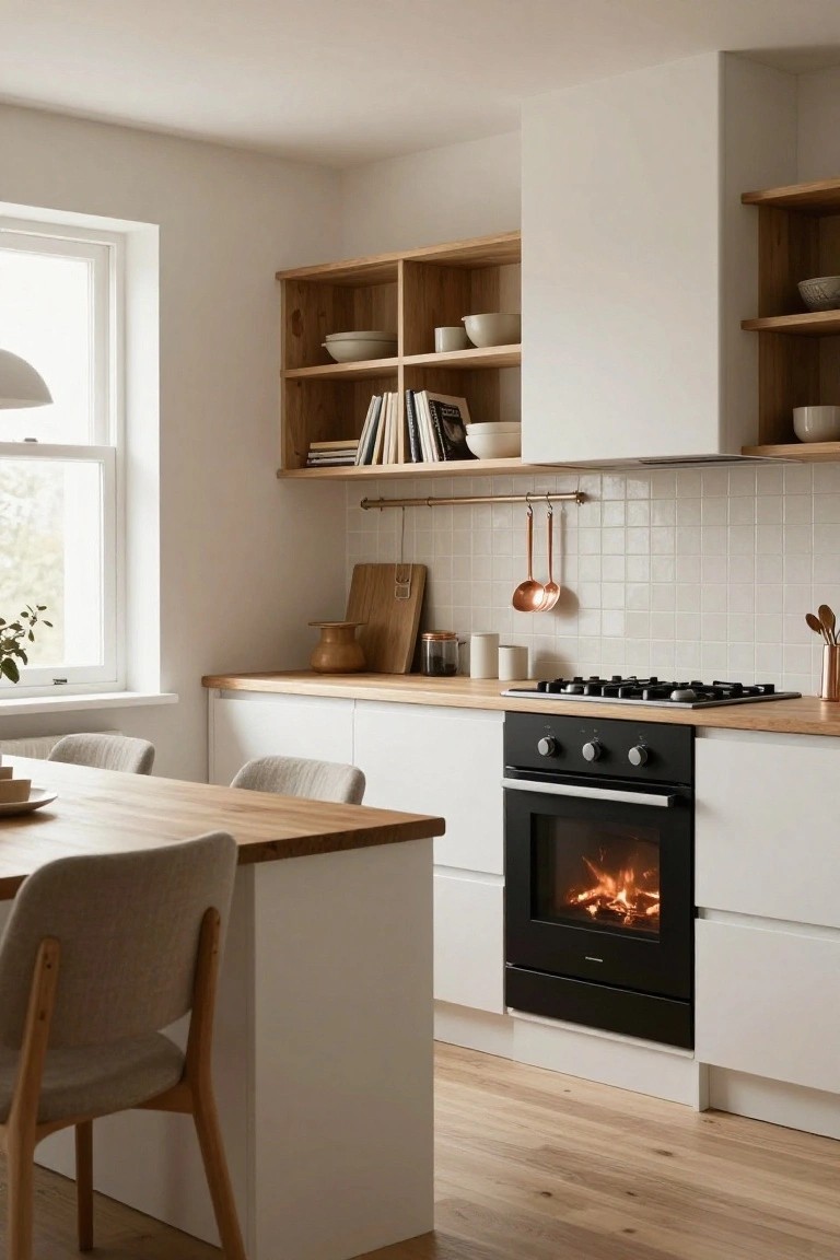 A light Scandinavian kitchen with white cabinets, oak open shelves stocked with dishes and books, wood countertops, a black gas stove and oven with visible flames, brass pots hanging on a rail, and a wood dining table with upholstered chairs.