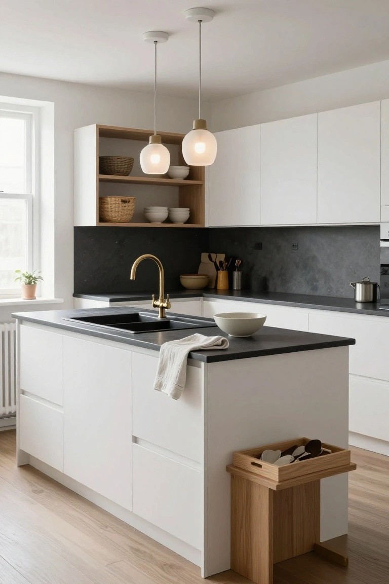 A Scandinavian kitchen with white cabinets, black countertop on a central island, gold faucet in the sink, pendant lights overhead, open wooden shelving, and a wooden stool beside the island.