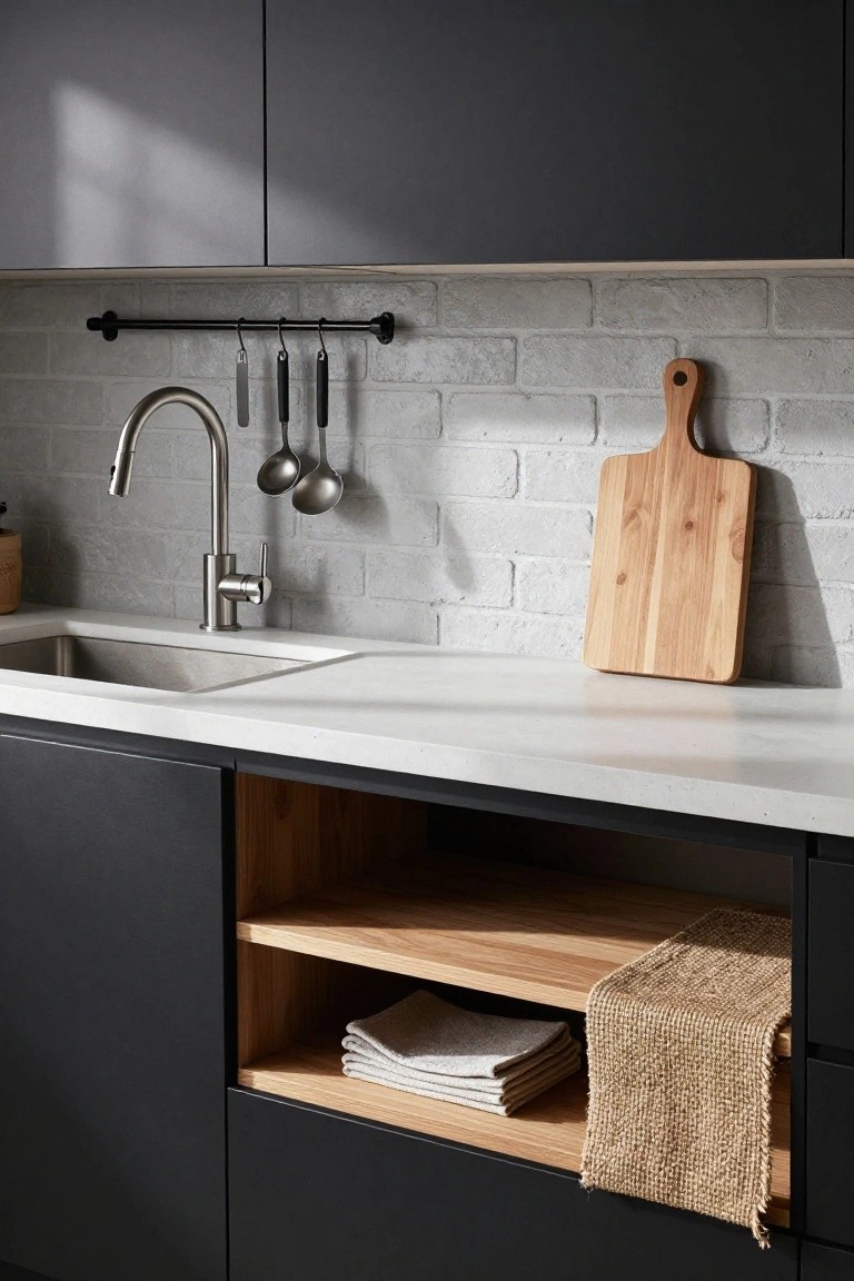 Modern kitchen with matte black cabinets, white quartz countertop, stainless steel sink and pull-out faucet, exposed white brick backsplash with black hanging rail holding utensils, wooden cutting board leaning on counter, and open wood shelf in cabinet base.