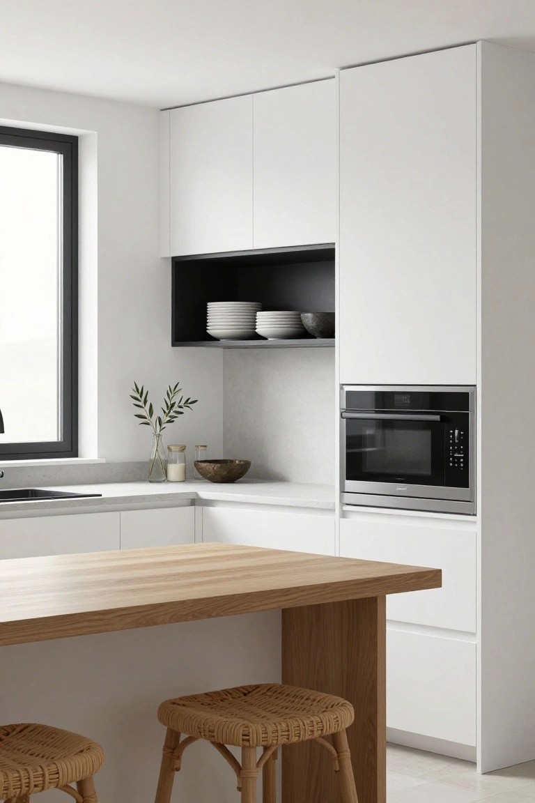 Scandinavian kitchen with white handleless cabinets, integrated black oven, light gray countertops, oak wood island topped with rattan stools, and a window with greenery.