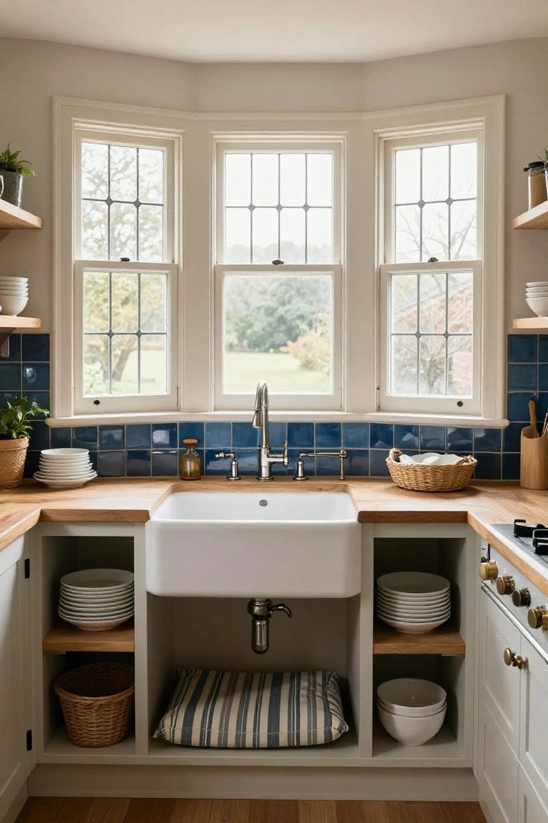 A cozy traditional kitchen with a white farmhouse sink centered in a three-window bay, white cabinets, oak countertops, blue subway tile backsplash, open shelving holding dishes and baskets, and a view of trees and fields outside.