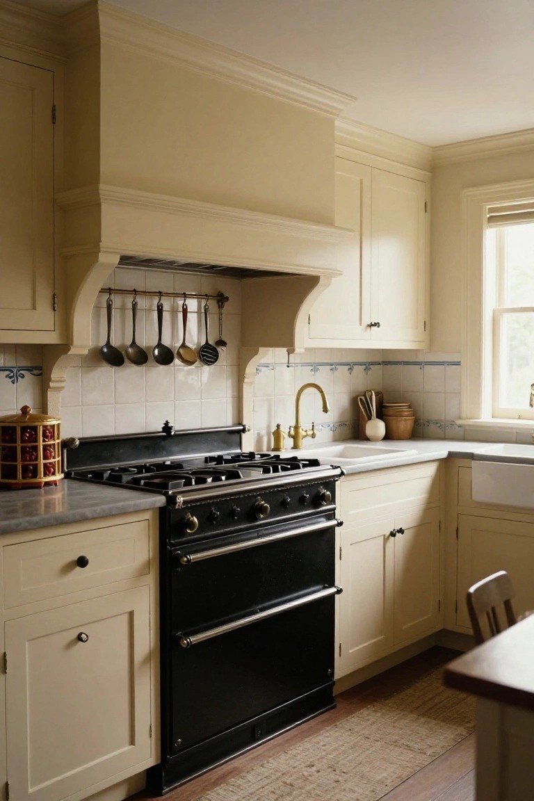 Traditional kitchen with cream cabinets, black range cooker, white subway tiles with blue accents on backsplash, hanging utensils, farmhouse sink, and wood stool.
