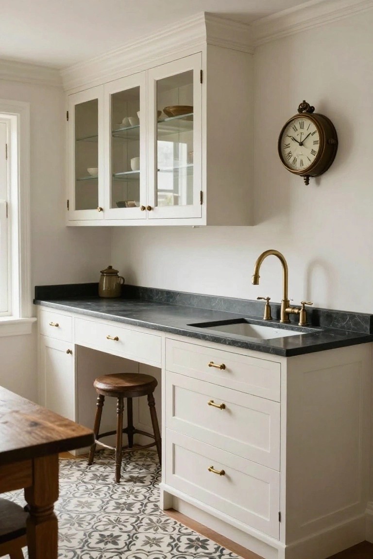 White shaker-style kitchen cabinets with glass-front uppers, black countertop sink with brass gooseneck faucet, wooden stool at a drawer-front lower cabinet, clock on wall, and patterned tile floor.