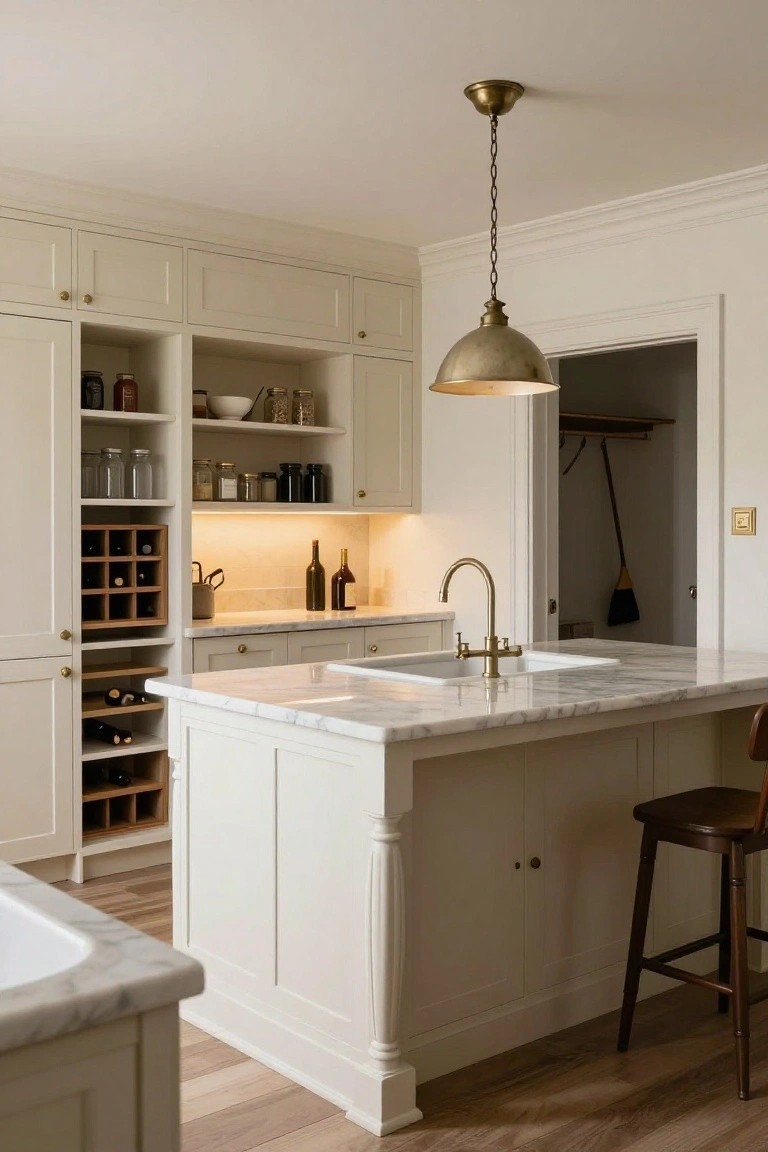 Cream cabinetry in a kitchen with built-in wooden wine racks storing bottles, marble countertop island with brass faucet and sink, brass pendant light overhead, and open shelving.