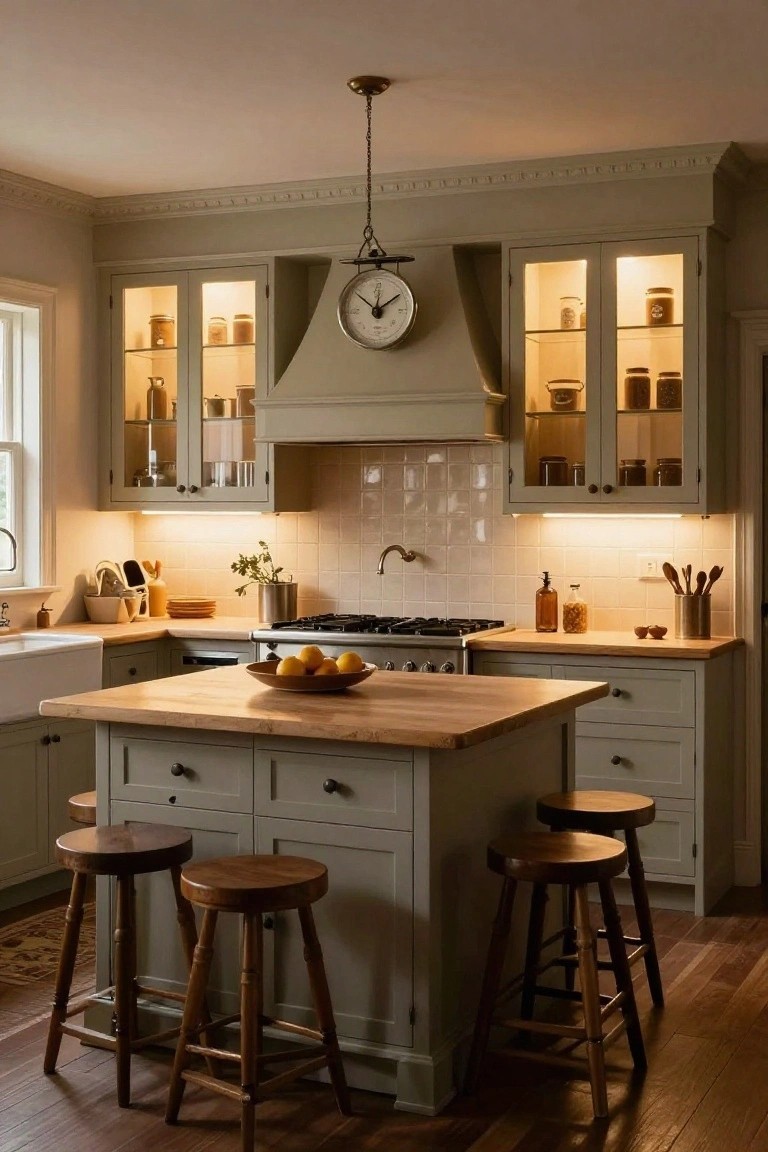 Traditional kitchen interior with light gray cabinets, glass-front upper cabinets displaying jars and dishes, central island topped with butcher block and surrounded by four wooden stools, white subway tile backsplash, gas range, and farmhouse sink.