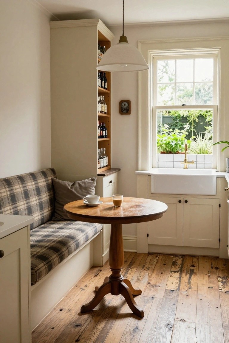 A small kitchen nook with cream cabinetry, a built-in plaid banquette, round wooden pedestal table with coffee cups, and a window with plants and greenery outside.
