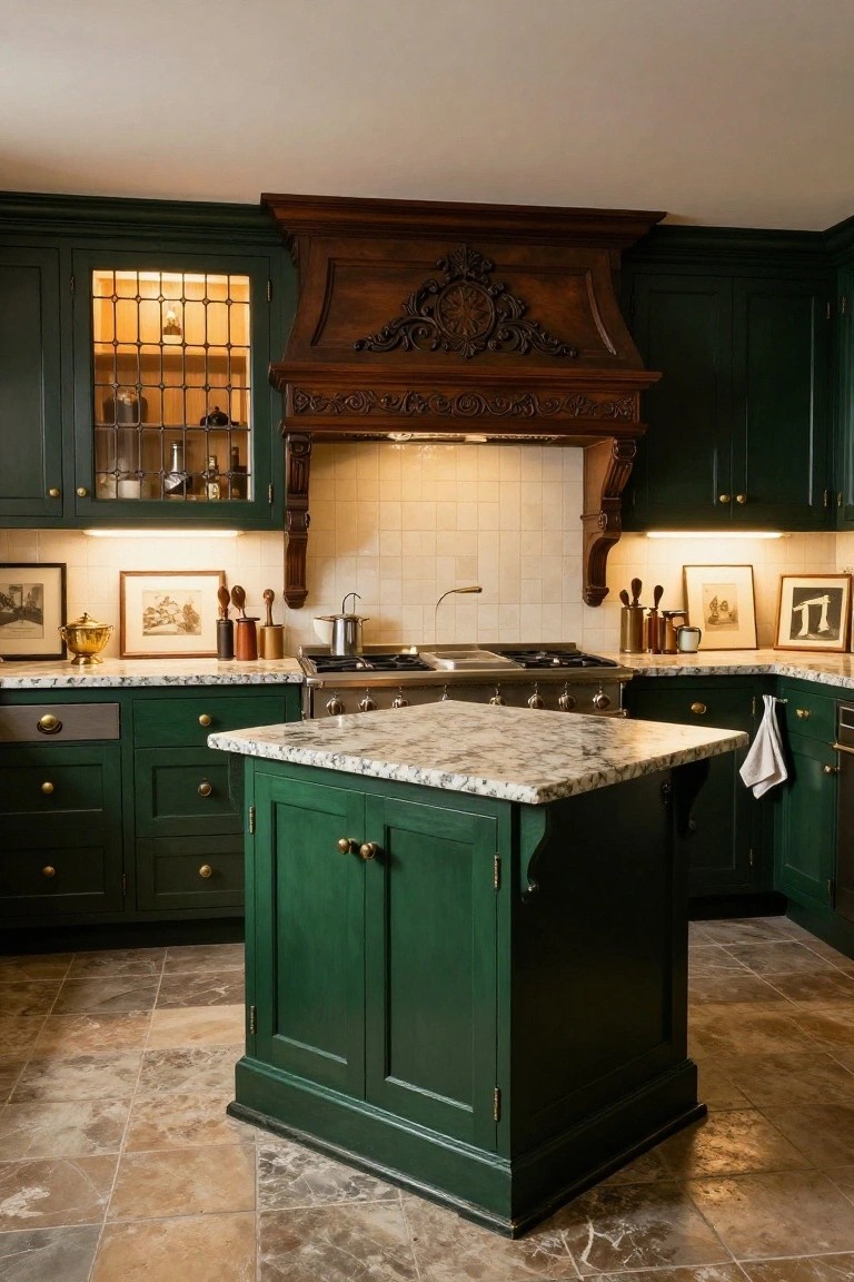 Traditional kitchen interior with deep green painted cabinets, ornate carved wooden range hood, white subway tile backsplash, granite countertops, central green island, and travertine tile floor.