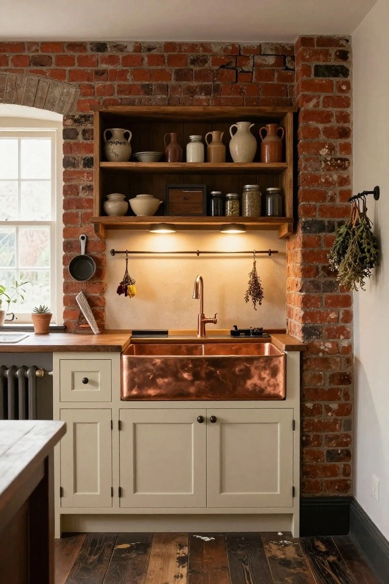 A traditional kitchen with exposed brick walls, wooden open shelves holding pottery and jars, a large copper farmhouse sink, cream shaker-style cabinets, and dark wood plank flooring.