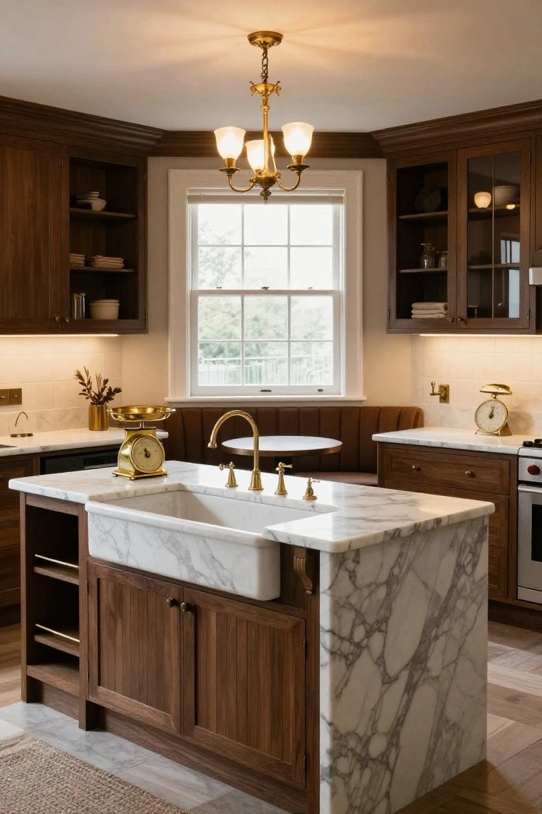 Traditional kitchen interior with walnut cabinets, white marble countertops, central wood island containing a white farmhouse sink and brass faucet, gold scales on counters, built-in tan banquette seating with round table, and window overlooking greenery.