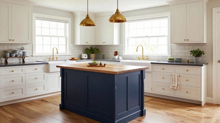 Traditional kitchen with white cabinets, navy blue center island topped with butcher block, brass pendant lights over the island, farmhouse sink, and plants near a window.