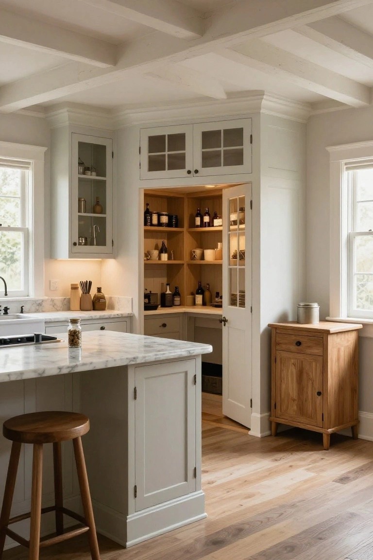 White kitchen corner with open glass-door pantry cabinet containing bottles, jars, and ceramics on lit wooden shelves, marble island countertop, wooden bar stool, wooden side table, and windows with natural light.