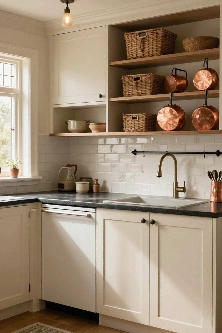 Corner view of a traditional kitchen featuring creamy white shaker cabinets, black soapstone countertops, white subway tile backsplash, integrated dishwasher, brass gooseneck faucet, copper pots hanging from a black wall rail, open wood shelves with wicker baskets and ceramics, and a small potted plant on the windowsill.