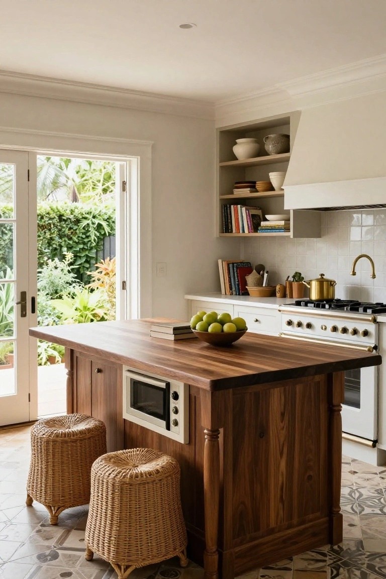 Traditional kitchen interior with a central wooden island featuring a built-in microwave in the lower cabinet, two rattan stools, bowl of green apples and stacked books on the wood countertop, white range cooker, open shelving with dishes and books, and French doors open to a lush garden.