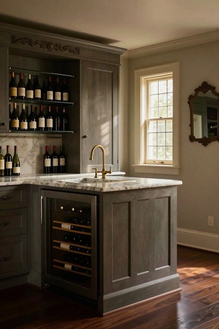 Gray wood kitchen island with built-in wine cooler, marble countertop, gold faucet and sink, open wine bottle shelving above, and adjacent cabinets beside a window.