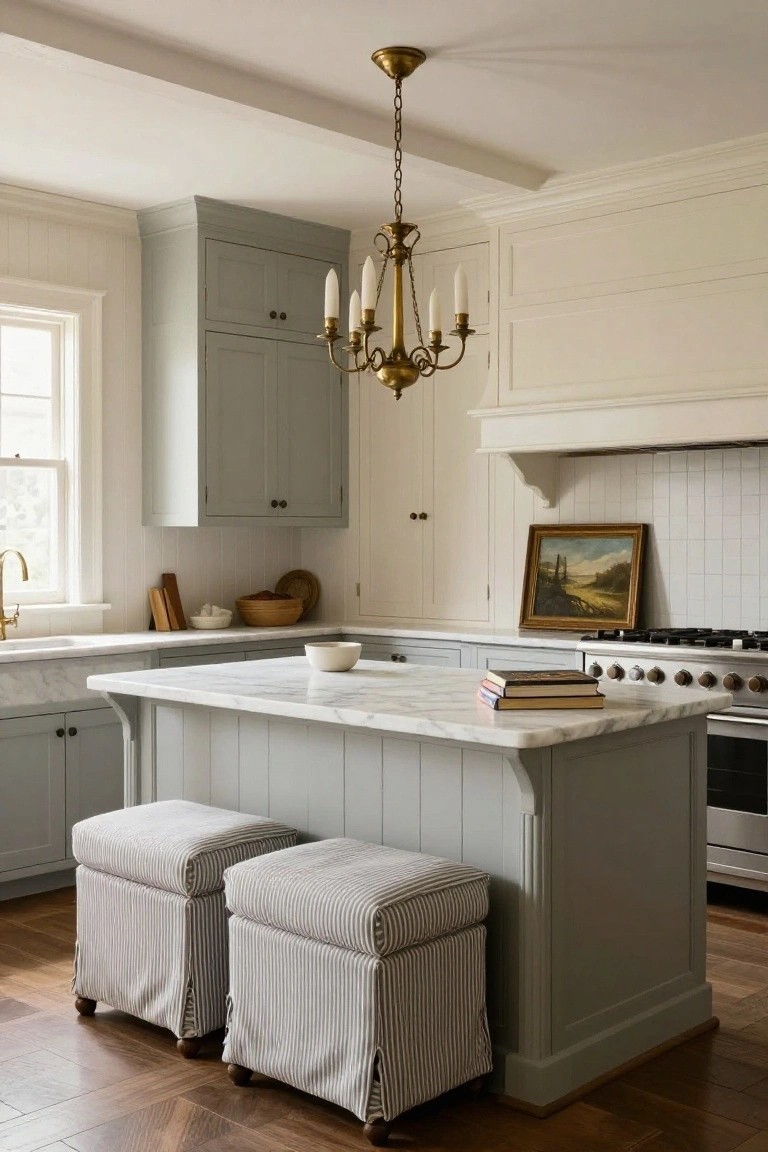 A traditional kitchen with pale gray lower cabinets, white marble island topped with books and a bowl, two striped upholstered stools, brass chandelier, subway tile backsplash, and hardwood floors.