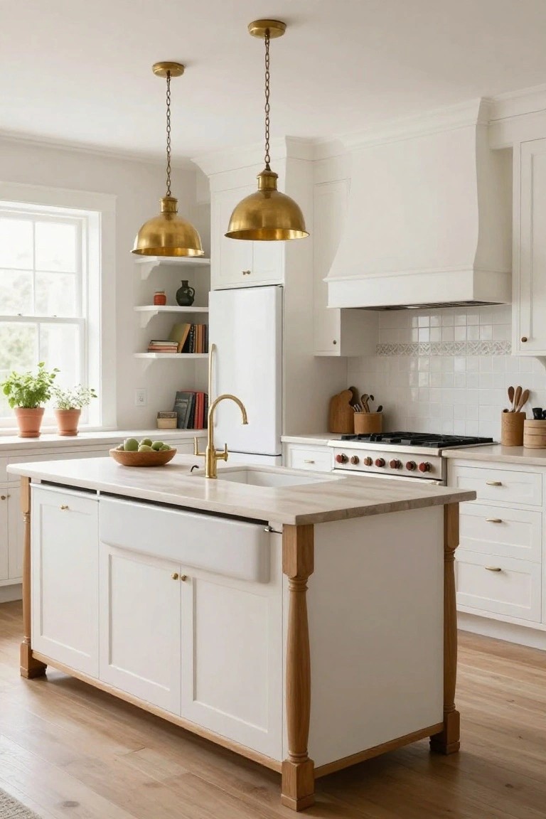 White kitchen with central island on turned wood legs, apron-front sink, brass pendant lights, white cabinets, gold faucet, and hardwood floors.