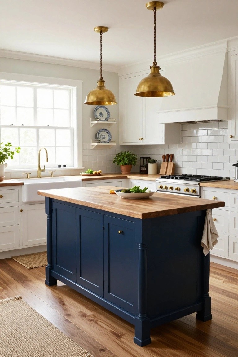 Traditional kitchen with white cabinets, navy blue center island topped with butcher block, brass pendant lights over the island, farmhouse sink, and plants near a window.