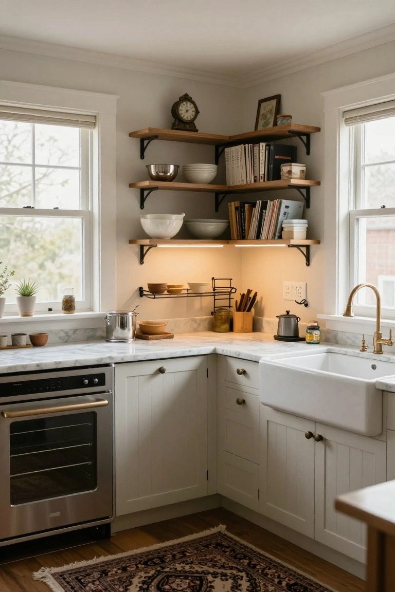 Corner view of a light-colored kitchen with white shaker cabinets, farmhouse sink, stainless steel oven, marble countertops, floating wood shelves displaying white bowls books and jars, and two windows with blinds.