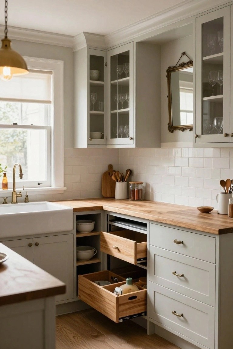 Kitchen corner with light gray shaker cabinets featuring three extended wooden pull-out drawers containing dishes, bottles, and utensils, white farmhouse sink, butcher block countertop, and white subway tile backsplash.