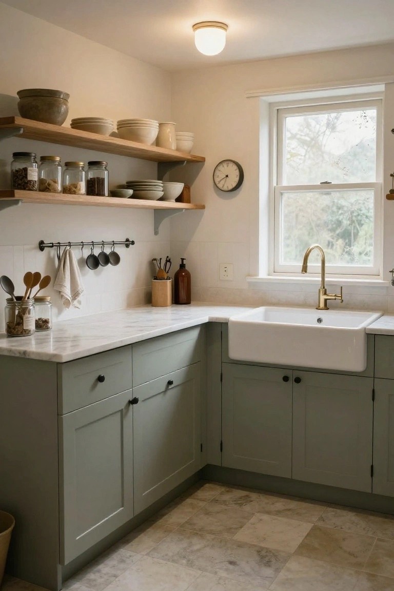 Corner kitchen featuring sage green lower cabinets, white marble countertops, large white farmhouse sink with brass faucet, open wooden shelves holding bowls and jars, hanging utensils, and a window with trees outside.
