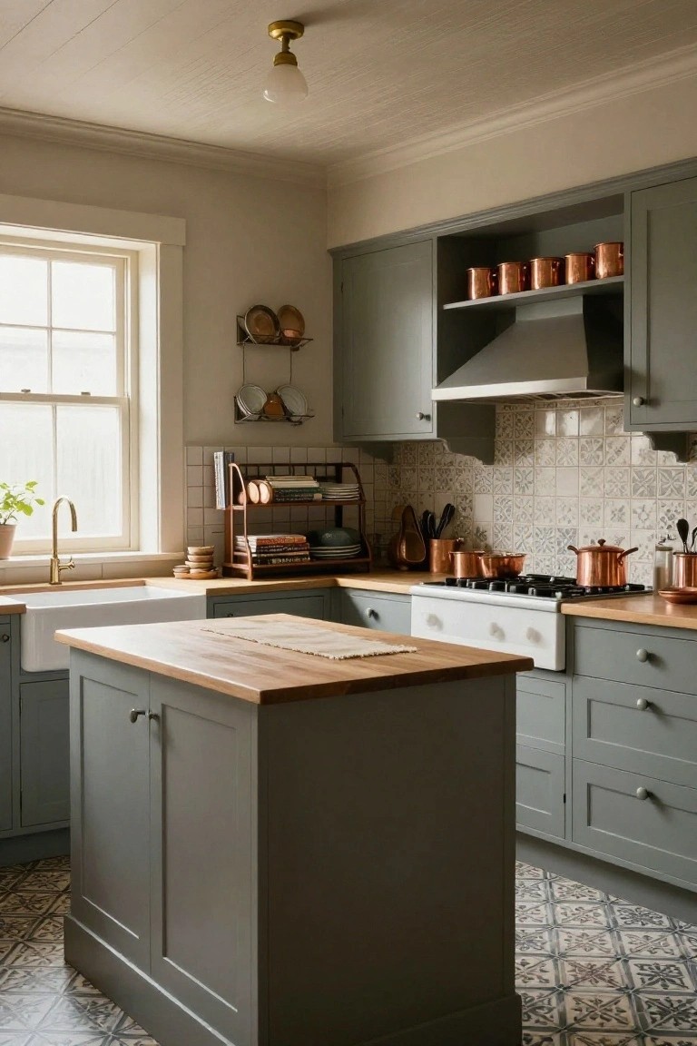 A cozy kitchen with sage green Shaker cabinets, wooden island countertop, white farmhouse sink, copper cookware on the stove and shelves, tiled backsplash and floor, and a window letting in light.