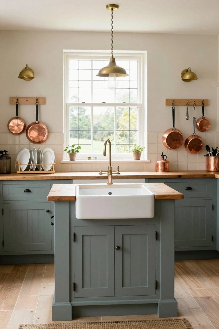 Traditional kitchen interior with sage green shaker-style cabinets, wooden worktop island featuring white farmhouse sink, copper pots hanging from wooden wall rack, brass lighting, and window overlooking greenery.