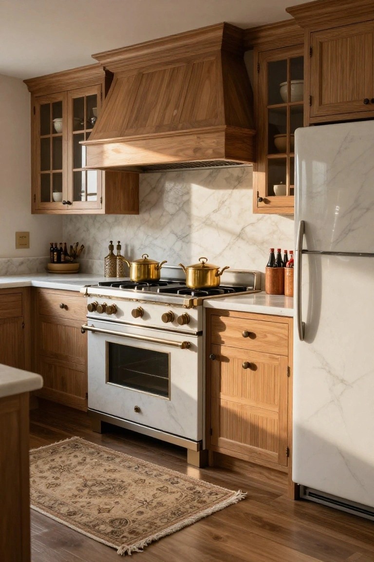 A traditional kitchen with light oak wood cabinetry and range hood, white marble countertops and backsplash, a white range with brass knobs and handles, brass cookware on the cooktop, a white refrigerator, wood flooring, and a woven rug.