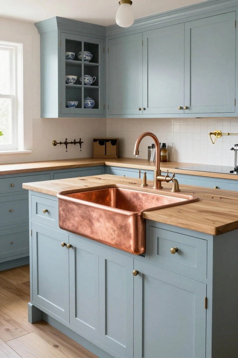 A traditional L-shaped kitchen with light blue shaker cabinets, oak butcher block countertops, white subway tile backsplash, and a hammered copper apron-front sink integrated into the wooden island, with brass faucet and pulls.