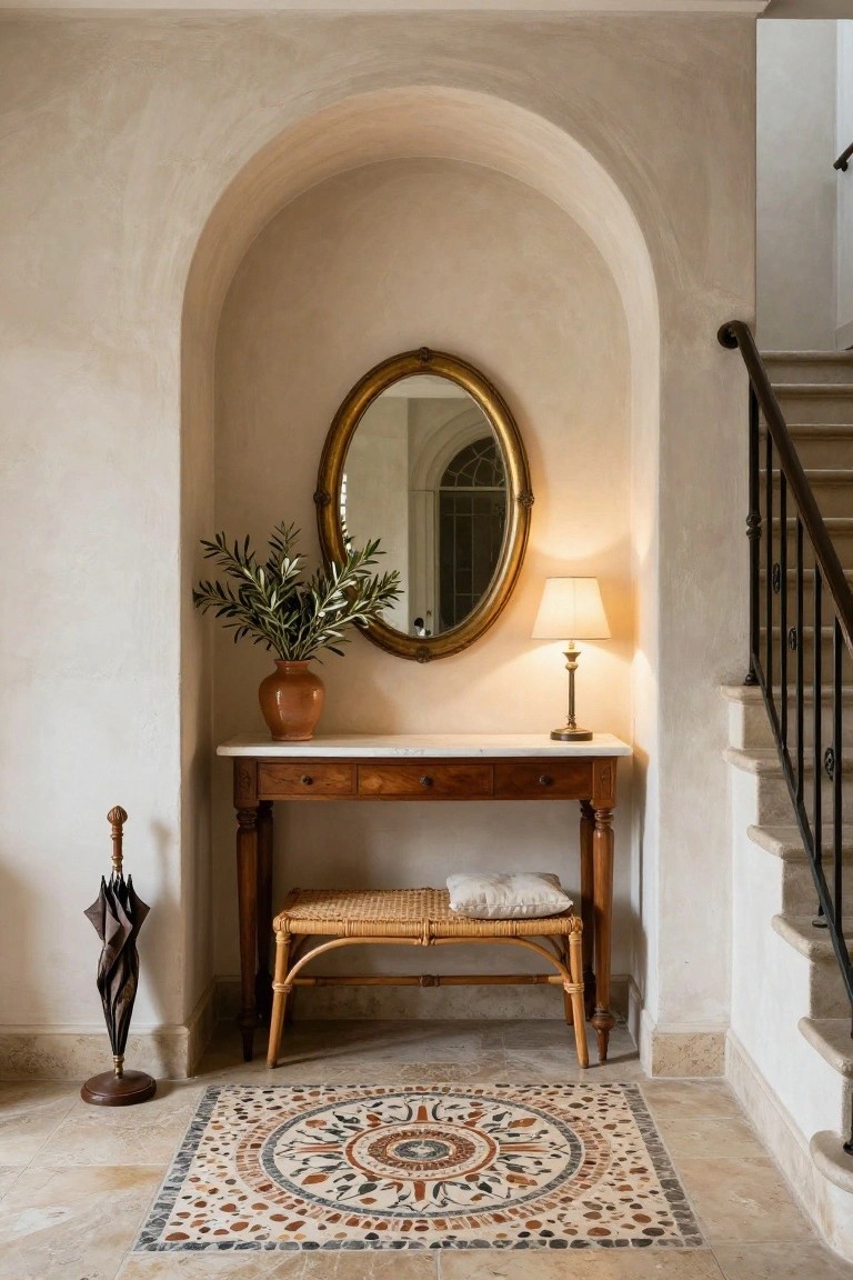 Foyer interior with arched niche containing a wooden console table topped with gilded oval mirror, terracotta pot of olive branches, and table lamp, plus rattan stool, umbrella stand on floor, patterned tile rug, and stairs nearby.