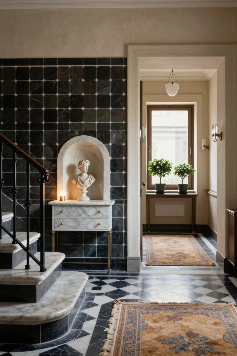 Foyer interior featuring black grid-patterned marble wall tiles, black and white checkered marble floor, white marble staircase with black iron railing, arched wall niche with illuminated marble bust, white marble console table with gold legs, and adjacent hallway with plants and rugs.