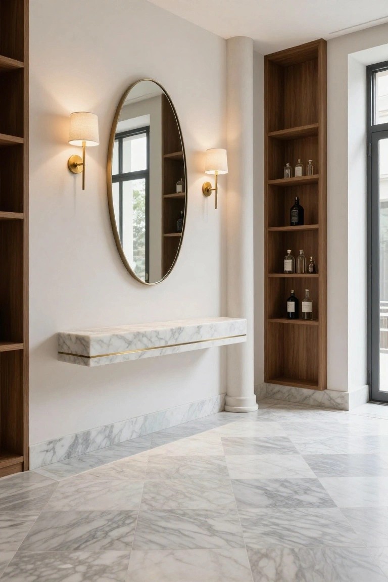 White marble floating console shelf with gold edge on a white wall in a foyer, flanked by wooden built-in shelves with bottles, large gold-framed oval mirror, brass sconces, marble tile floor, and a column.