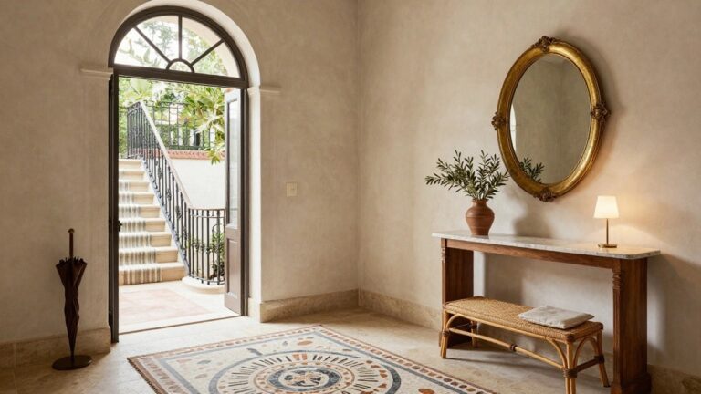 23 Refined Italian Foyer Interior Ideas That Set the Tone Instantly Foyer interior with arched niche containing a wooden console table topped with gilded oval mirror, terracotta pot of olive branches, and table lamp, plus rattan stool, umbrella stand on floor, patterned tile rug, and stairs nearby.