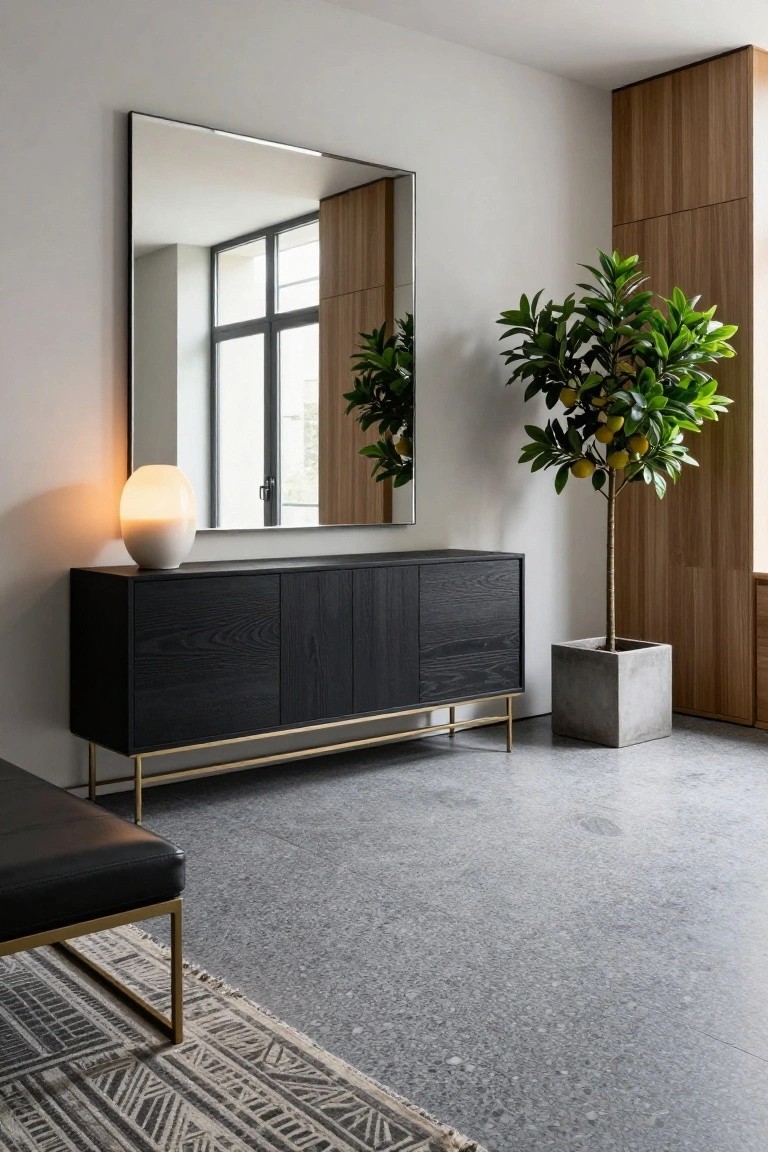 Contemporary foyer interior with black wood credenza on brass legs topped by a white lamp, large rectangular mirror above it, potted lemon tree in concrete planter nearby, black bench with gold legs, and woven rug on polished concrete floor next to wood-paneled wall and windows.