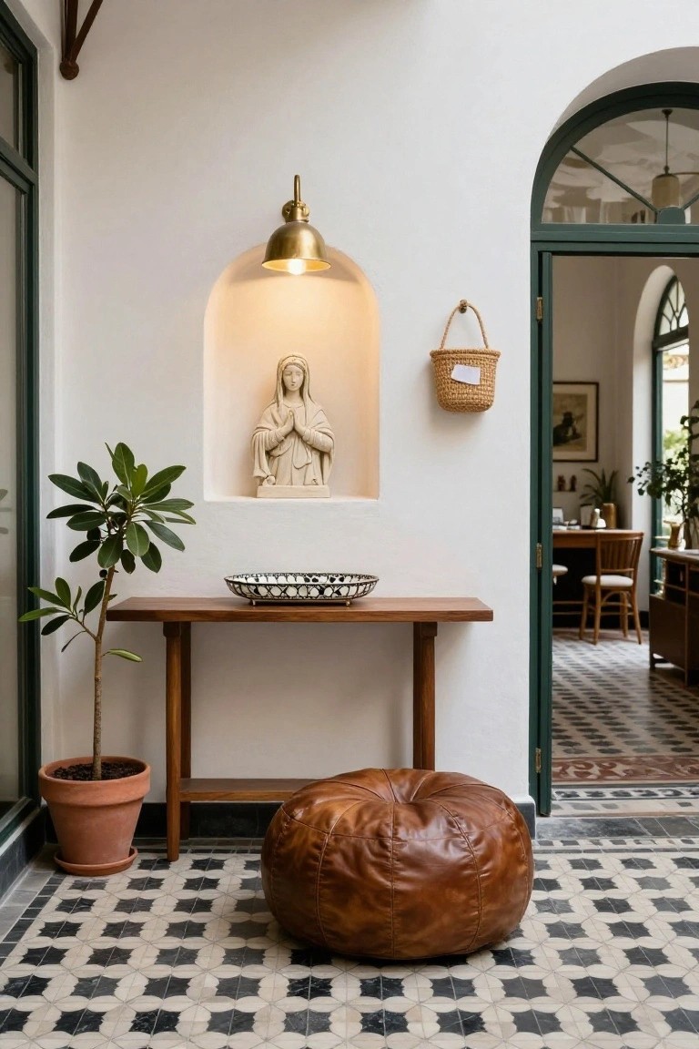 White arched wall niche containing a statue of the Virgin Mary illuminated by a brass sconce lamp, next to a wooden console table holding a patterned bowl and potted plant, a brown leather pouf on black-and-white geometric tile floor, and a green door leading to an interior room.