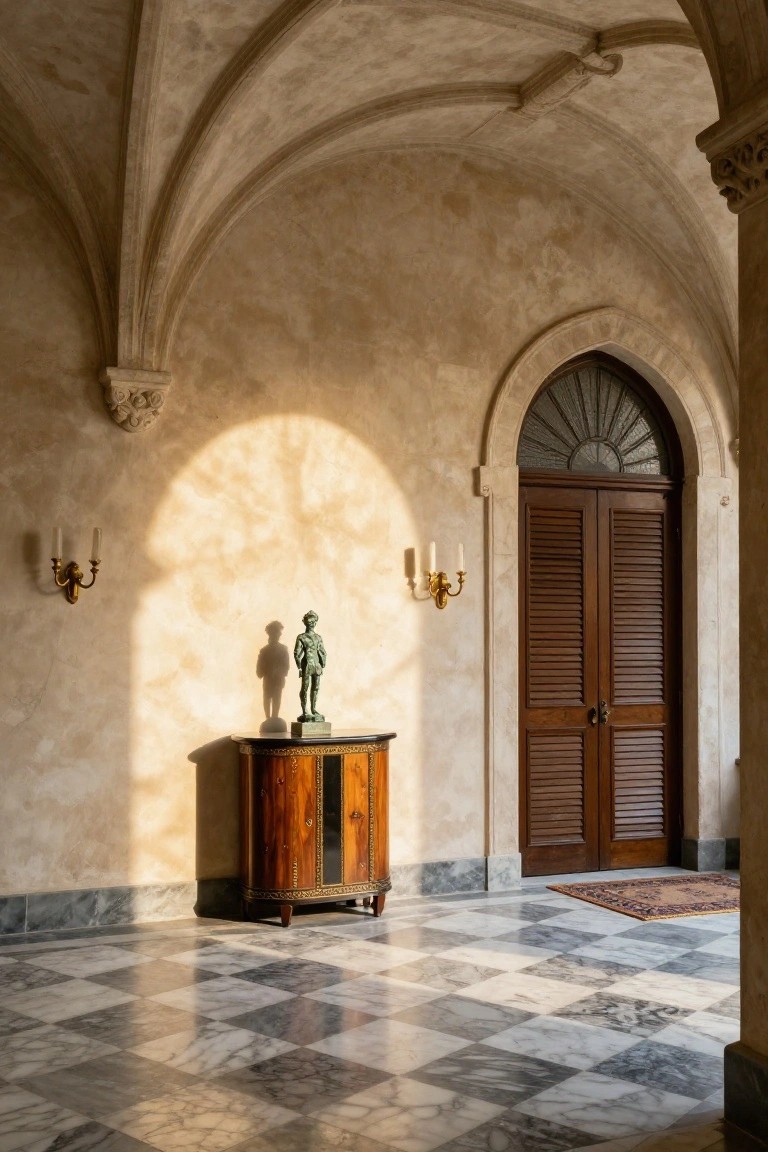 Sunlit Italian-style foyer interior with vaulted beige walls, bronze statue on wooden cabinet casting a shadow, arched wooden louvered doors with fanlight window, gold sconces, and marble checkerboard floor.