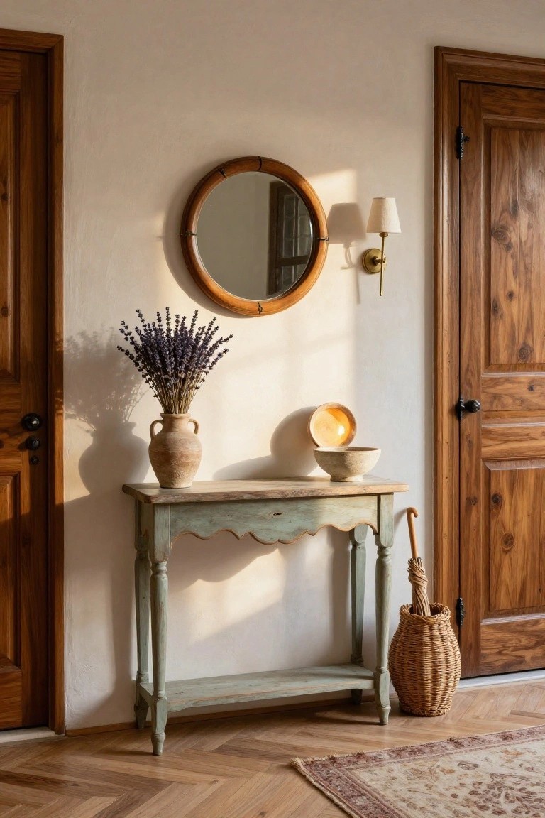 Foyer interior with turquoise painted console table topped by terracotta vase of lavender and woven bowl, round rattan mirror, wall sconce, two wooden doors, wicker umbrella stand, and herringbone wood floor.