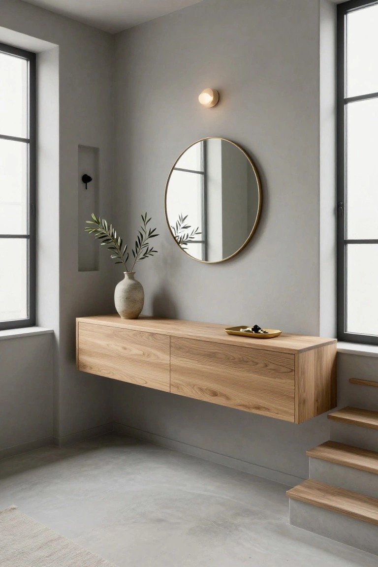 Grey-walled interior corner with black metal-framed windows, floating oak console shelf topped with a beige vase of olive branches and yellow tray, gold round mirror nearby, wall sconce, niche, and wooden stairs on concrete floor.