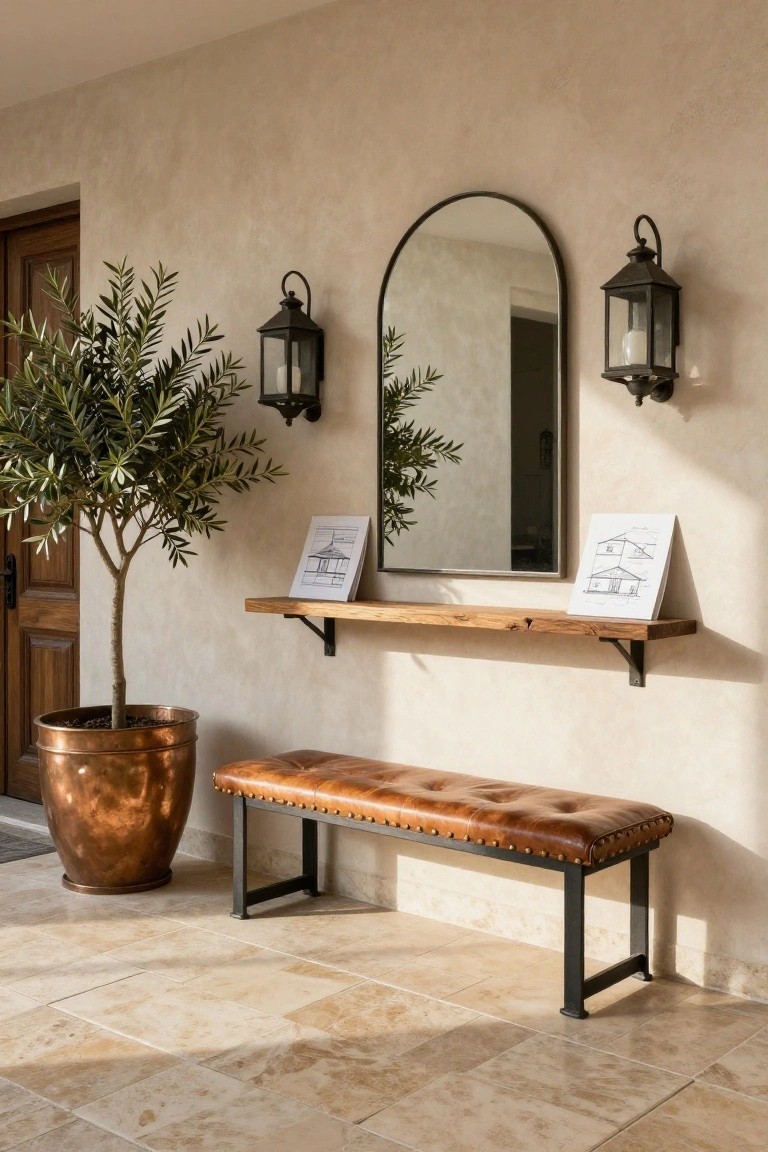 Beige-walled entryway featuring a potted olive tree in a copper planter, brown leather bench on black metal legs, floating wooden shelf with two white-framed architectural drawings, arched black mirror, black lantern wall lights, and wooden door on tiled floor.