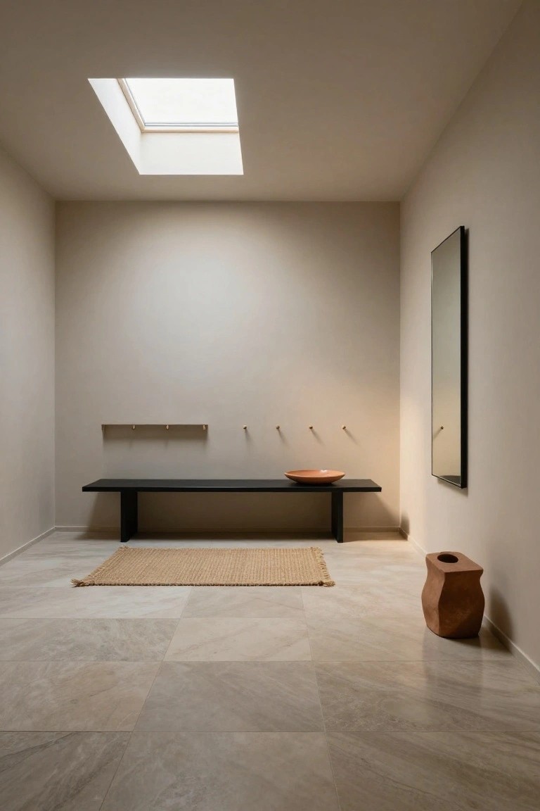 Minimalist foyer with beige walls, central skylight, black wooden bench topped with terracotta bowl, seagrass rug on veined beige stone tile floor, tall wall mirror, coat hooks shelf, and terracotta vase.