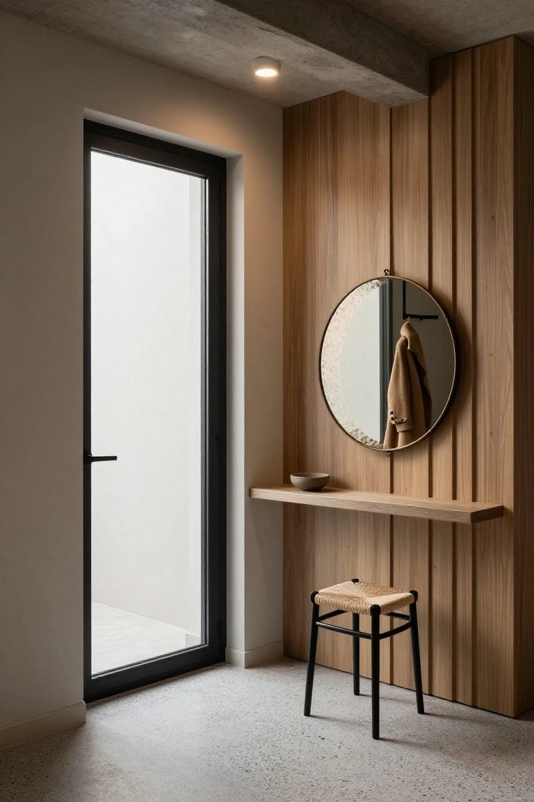 Foyer interior with vertical light wood slat wall paneling next to a black-framed glass door, round mirror on wooden shelf with bowl, coat on hook, and black metal stool with rattan seat on polished concrete floor.